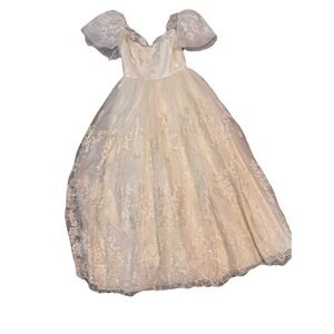 Vintage Alyce Designs White Lace Ankle Gown Sz 8 Whimsy Sleeves Boho Prom Weddin